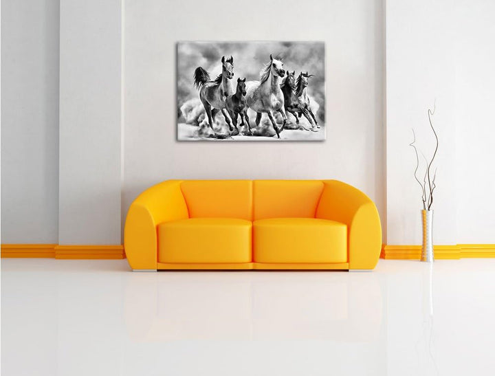 Pixxprint Monocrome, Western Pferde in Wüste mit Fohlen, Format: 100x70 auf Leinwand, 100x70