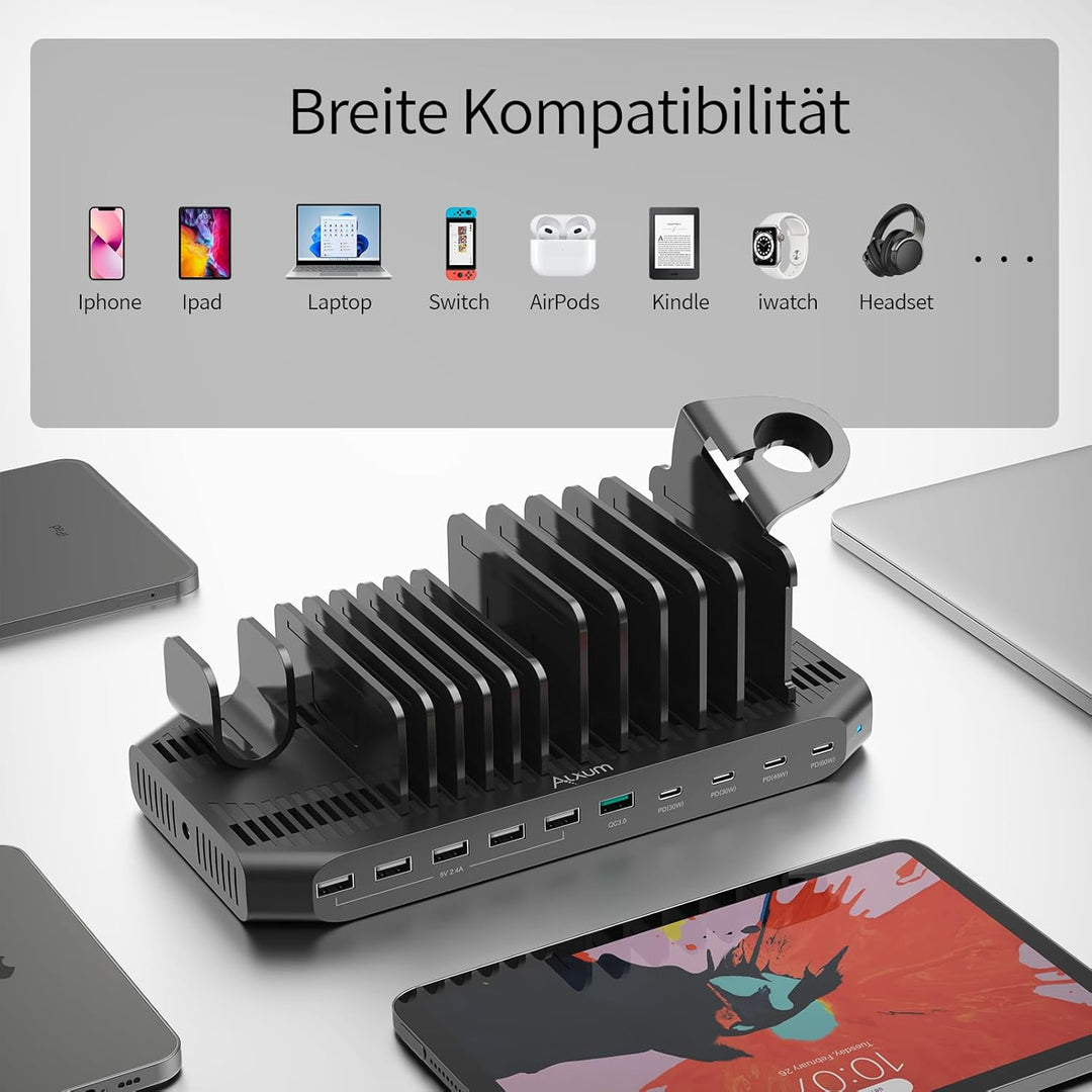 Alxum 140W USB Ladestation Schnellladestation mit QC 3.0 & PD 60W+45W+30W, Ladestation Mehrere Gerät