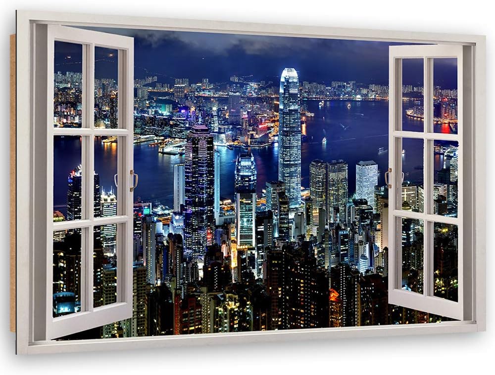 Feeby Dekobild Wolkenkratzer Deko Wand Kunstdruck Fenster-Illusion Blau 30x20 cm 30L x 20B cm Blau_a