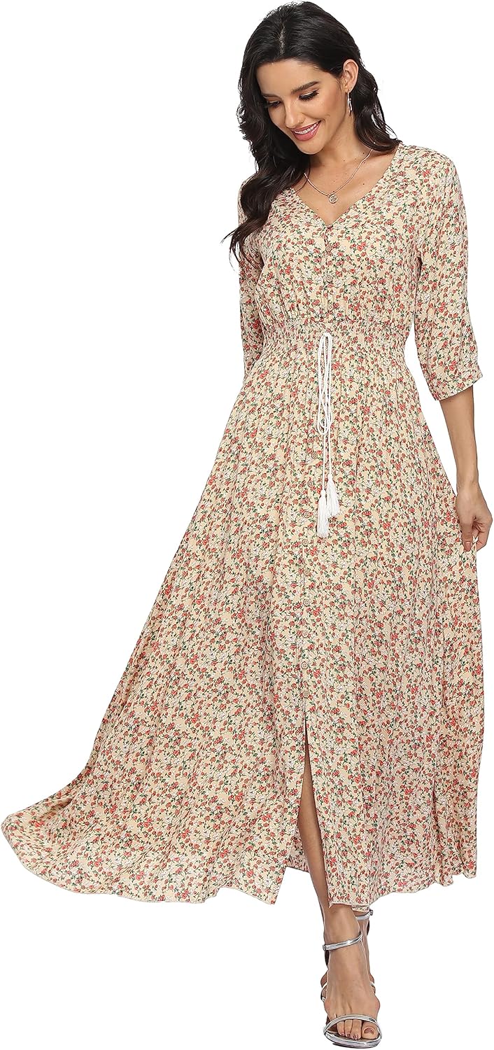 Damen Lange Split Knopf Up Sommer Maxikleid Floral Strandwear Holidy Kleid Hohe Taille mit kurzen Är