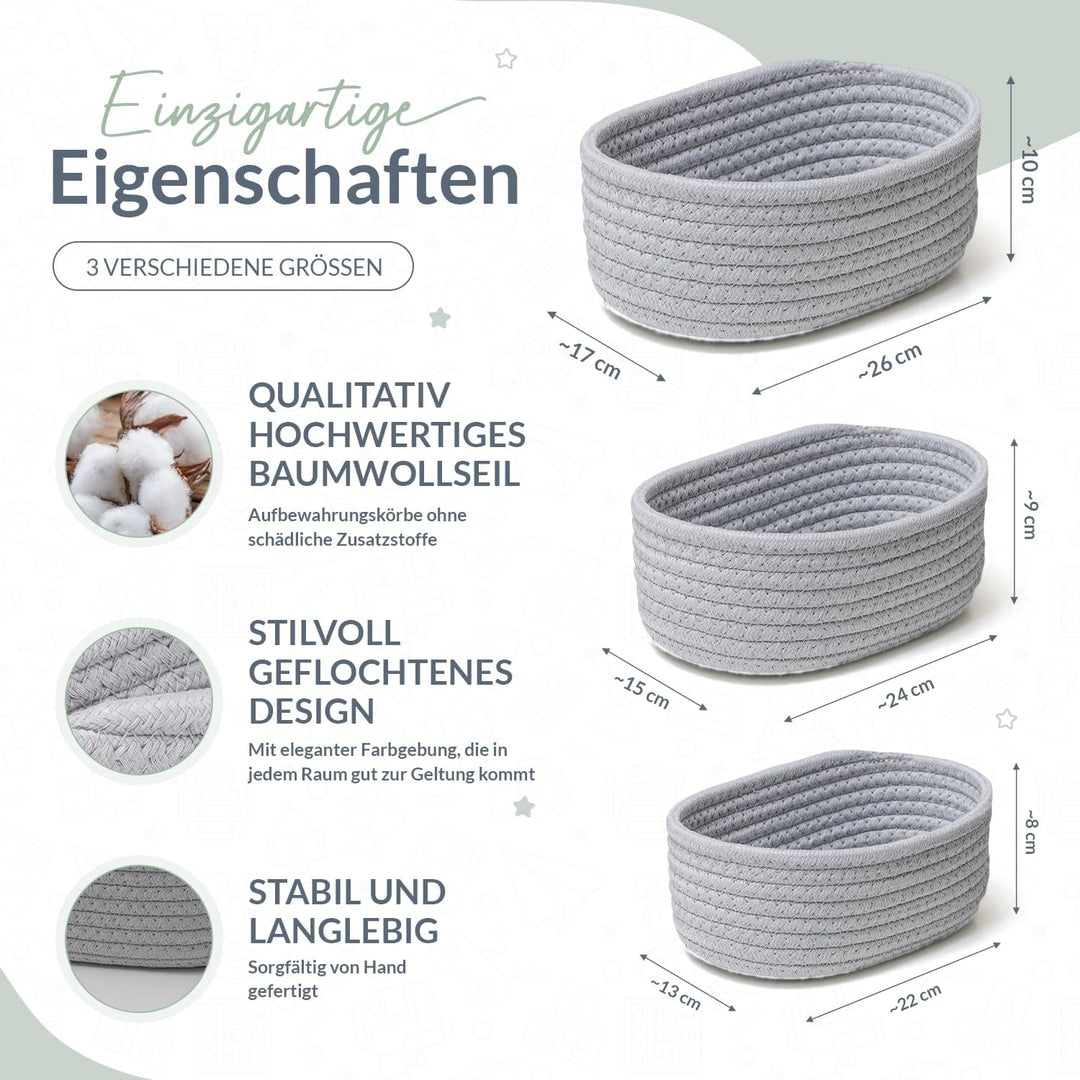 CALDERA® Elegante Körbchen im 3er-Set als Wickeltisch Organizer, perfektes Wickeltisch Zubehör für j