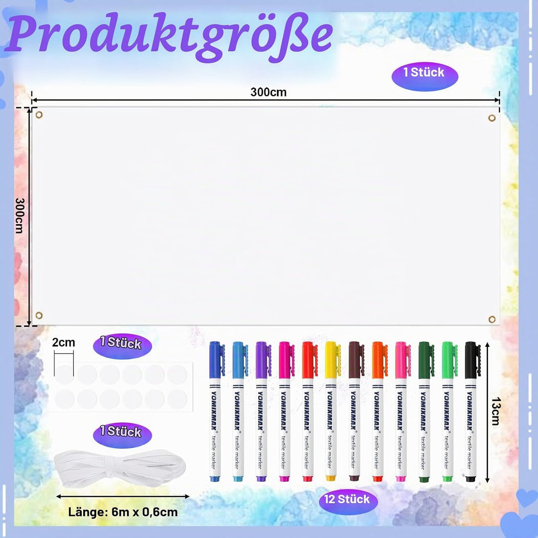 Weissem Leeres Banner 300x100cm，Langlebigem Polyester Banner 6m Aufhängeschnur Mit 12Pcs Permanente