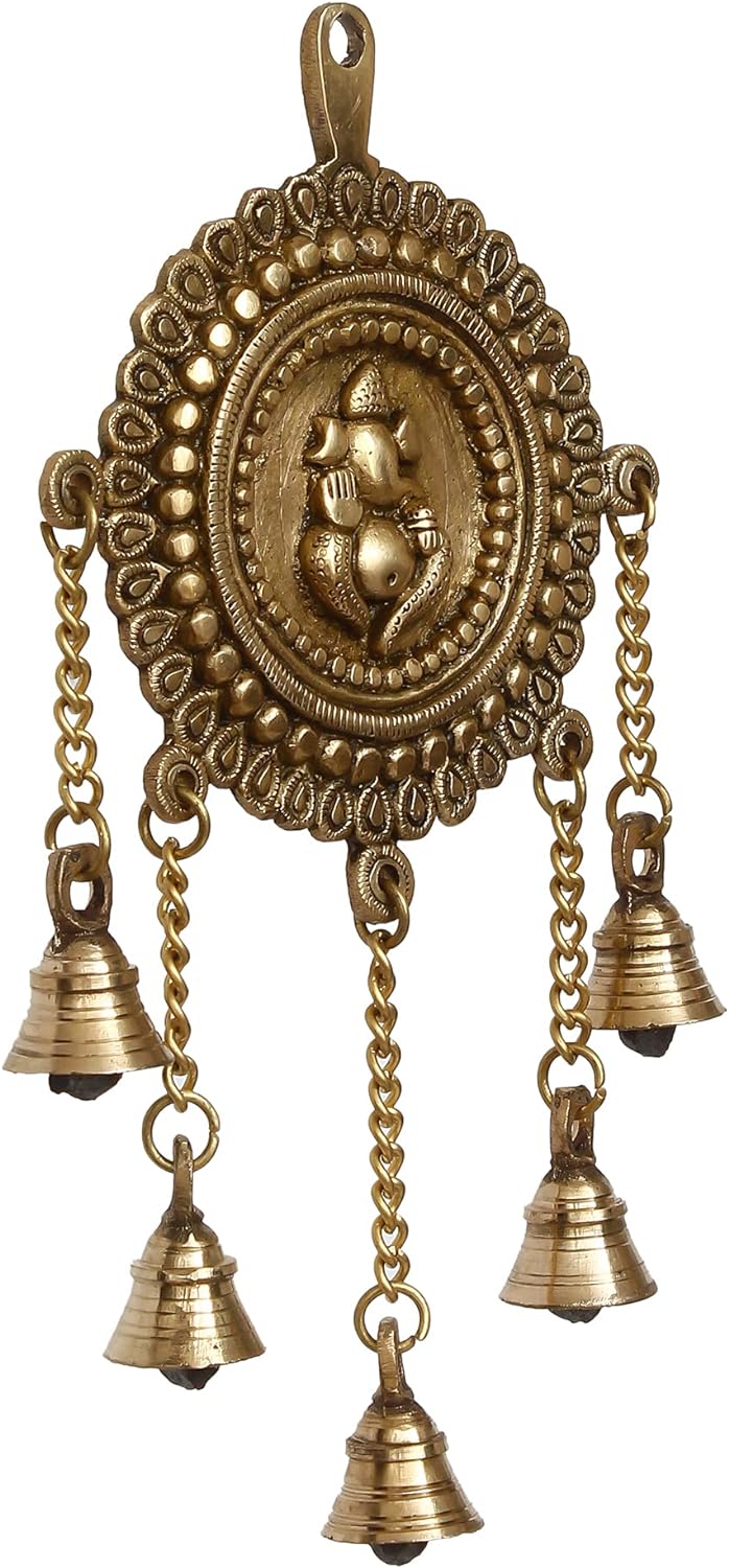eCraftIndia Lord Ganesha BGG519 Wandschmuck aus Messing, mit 5 Glocken, goldfarben