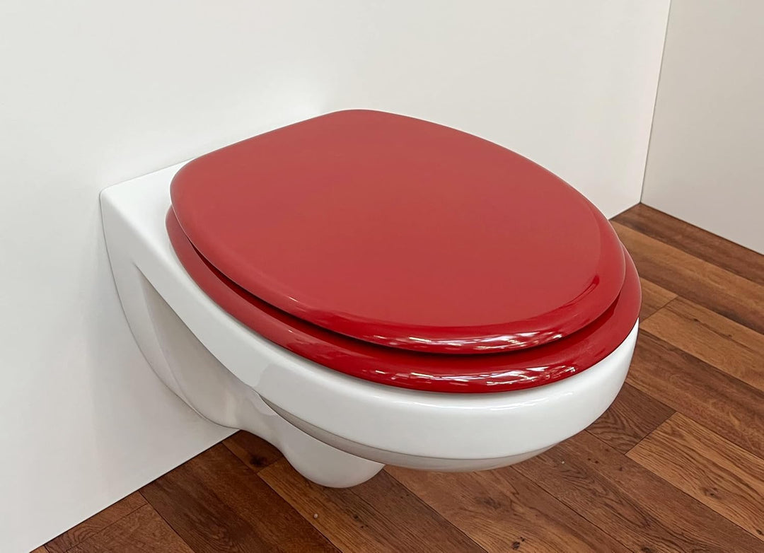 ADOB WC Sitz Klobrille Holzkern Farbe Rot extrem stabil, messing verchromte Scharniere, WC-Brille WC