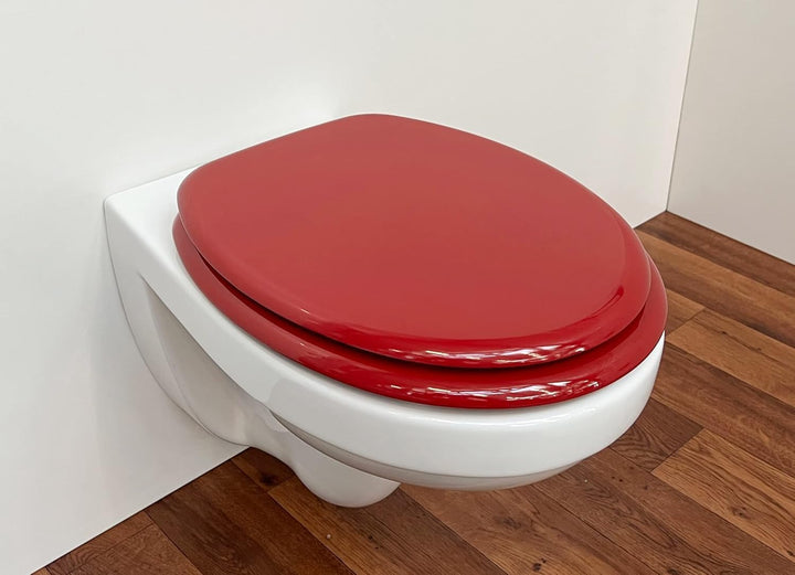 ADOB WC Sitz Klobrille Holzkern Farbe Rot extrem stabil, messing verchromte Scharniere, WC-Brille WC