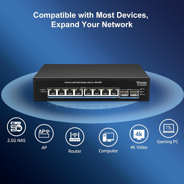 10-Port 2,5G PoE Switch Unmanaged, VIMIN 8X 2,5G Base-T PoE @130W+2X 10Gbps SFP, 8 Port PoE Switch m
