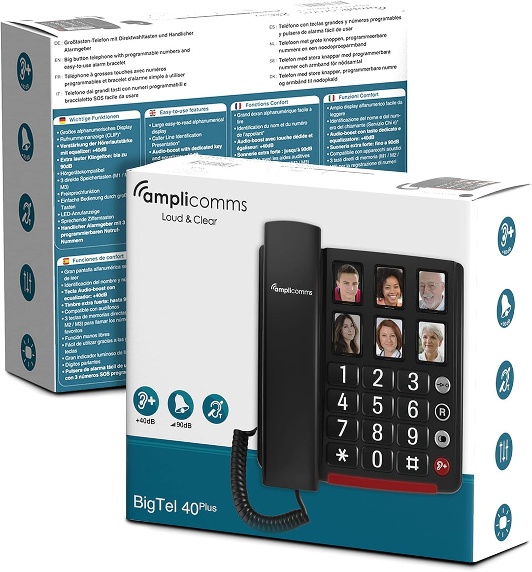 Amplicomms BigTel 40 Plus, schnurgebundenes Grosstasten-Telefon, sechs Foto-Direktwahltasten, Audio-