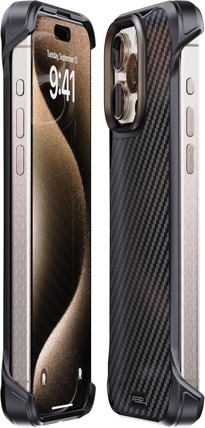 REBEL Schutzhülle für iPhone 15 Pro Max [Flex-Serie], freiliegende Seiten für Komfort, Aramidfaser,