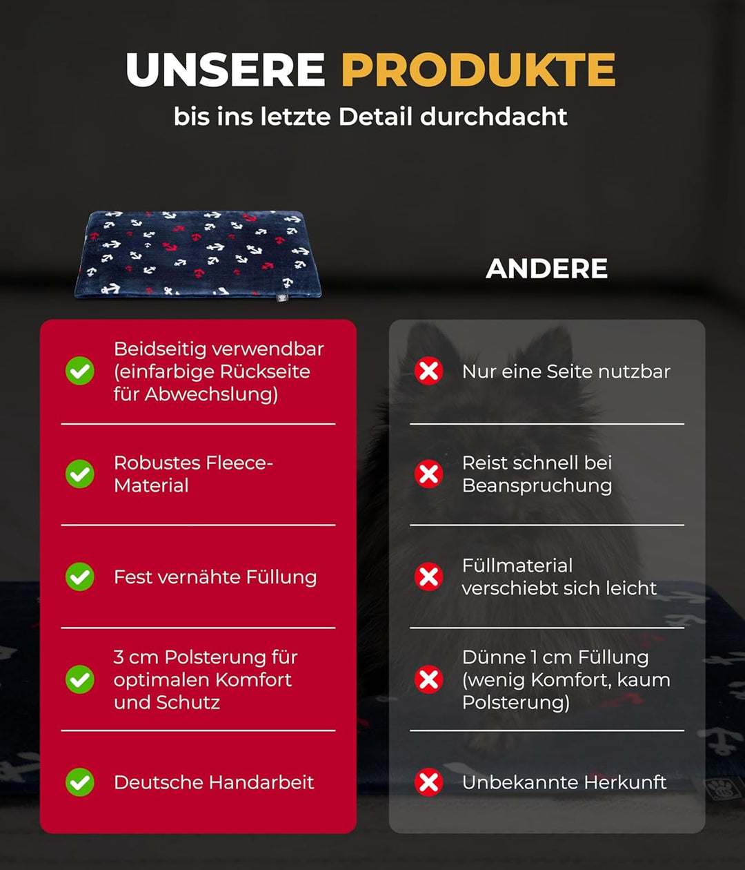 HS-Hundebett® Hundedecke XS (45x65 cm) – Wendbar & gemütlich Dank 3 cm Füllung – Perfekt fürs Sofa,