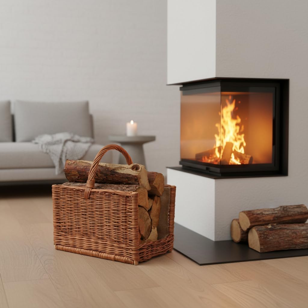 BOGATECO Weidenkorb mit Griff quadratisch | Kaminkorb 45X30X30 | Handgewebt | Mit Jute ausgekleidete