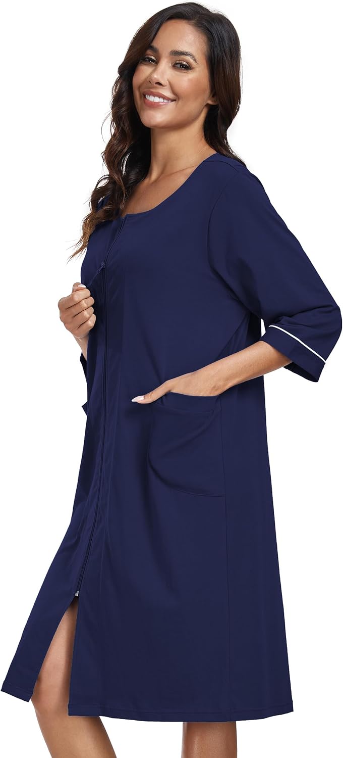 COLORFULLEAF 100% Baumwolle Morgenmantel Damen Leicht Bademantel Damen 3/4 Ärmel mit Reissverschluss
