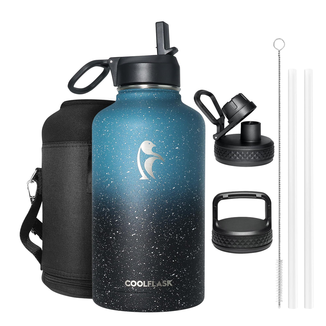 Coolflask Isolierte Wasserflasche 2L, Halbe Gallone Wasserkrug mit Strohhalm & 3 Deckel, Grosse Isol