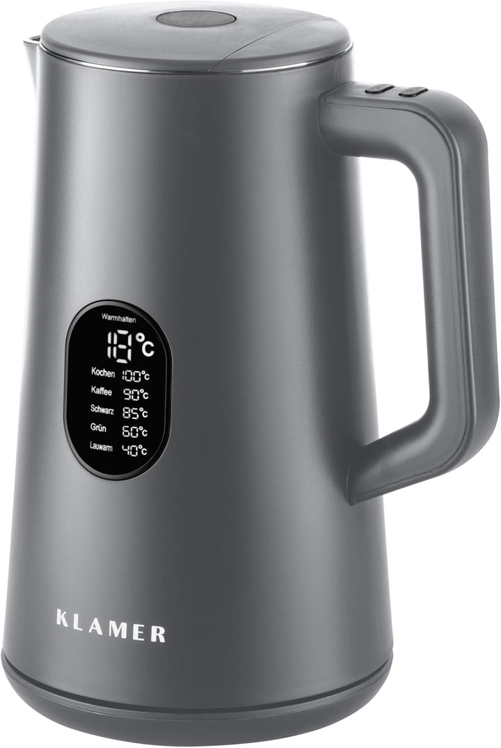 KLAMER Wasserkocher Edelstahl 1,5L 1800W elektrischer Wasserkocher grau mit Temperatureinstellung zw