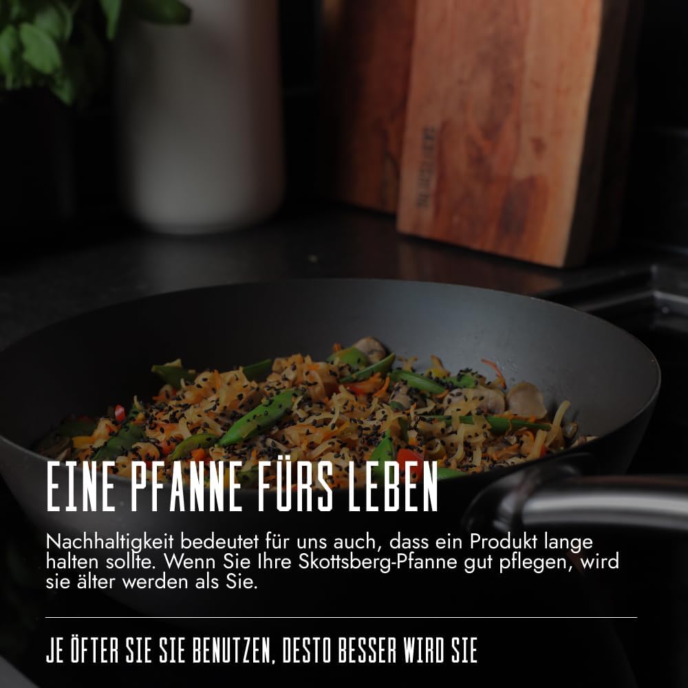 SKOTTSBERG Carbonstahl Wok - Ø 24 cm – vorgebrannt & PFAS‑frei, 2,5 mm Boden, hitze- & Kratzfest - f