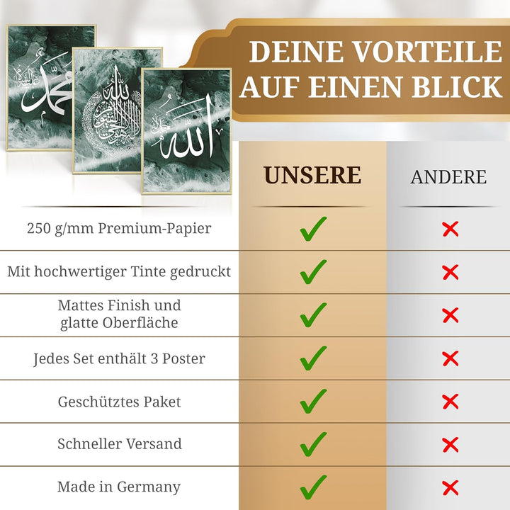 HAVA Artwork Smaragd Calligraphy Poster Set, Islamische Poster, Islamische Bilder, Islamische Dekora