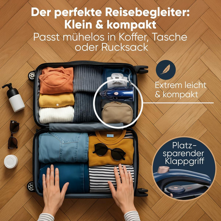 ProfiCare® Reisebügeleisen | Mini Bügeleisen mit klappbarem Griff | 800W | Keramiksohle | 40ml Wasse