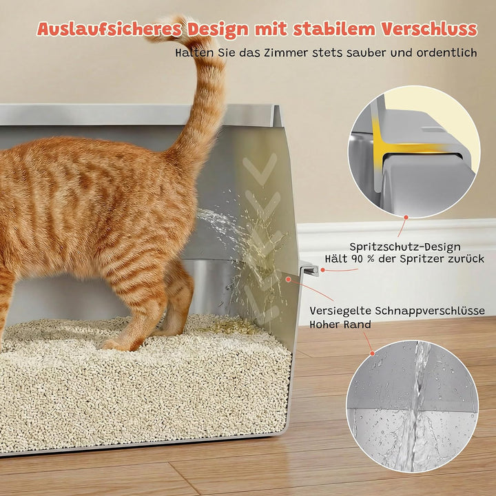 Katzenklo Edelstahl, Katzentoilette Gross XXL mit Metall Schaufel, 50L Katzenklo mit Abnehmbares Hoh