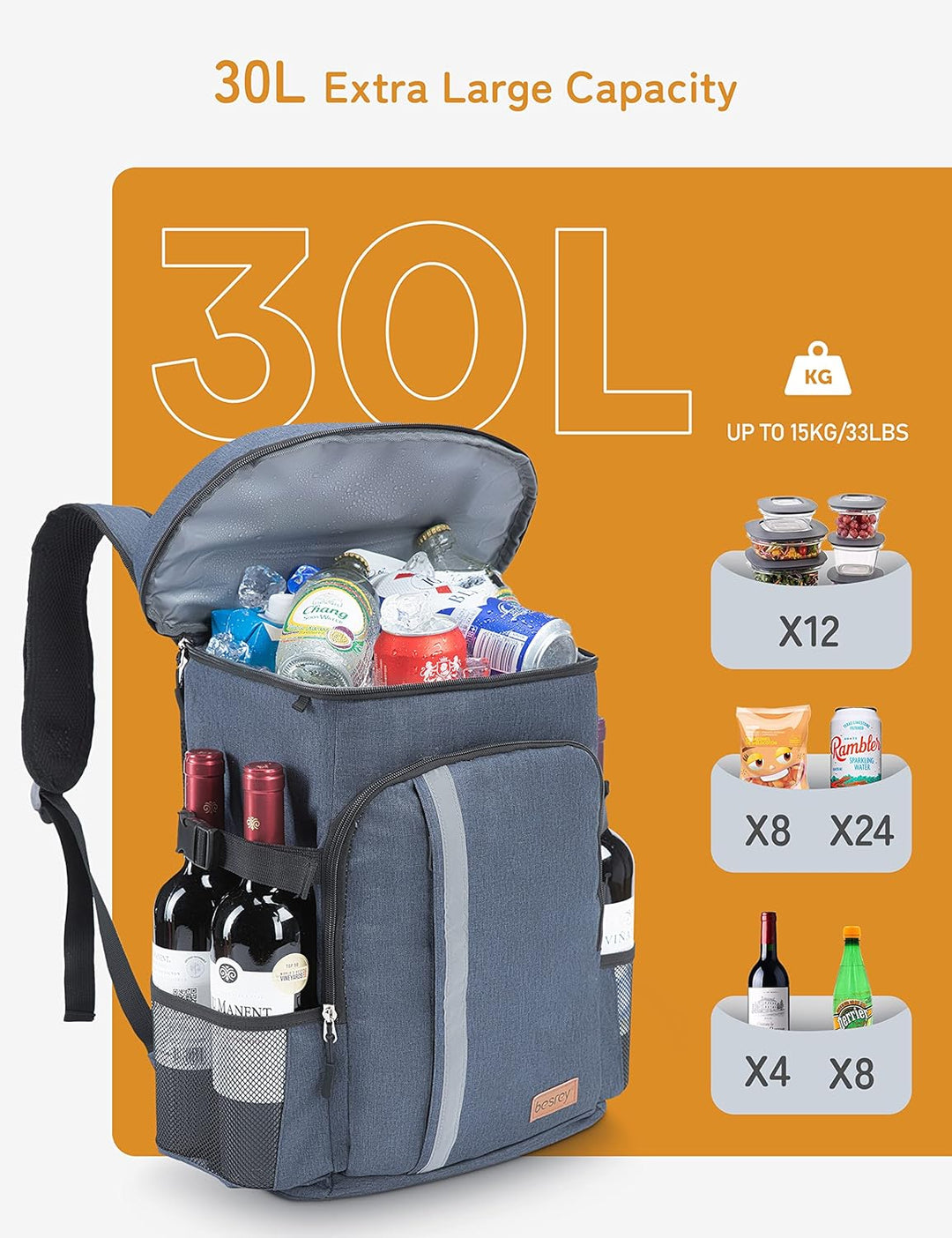 besrey Thermo-Rucksack, 30 l, Thermo-Rucksack, isoliert, hält Lebensmittel warm oder kalt, für Campi