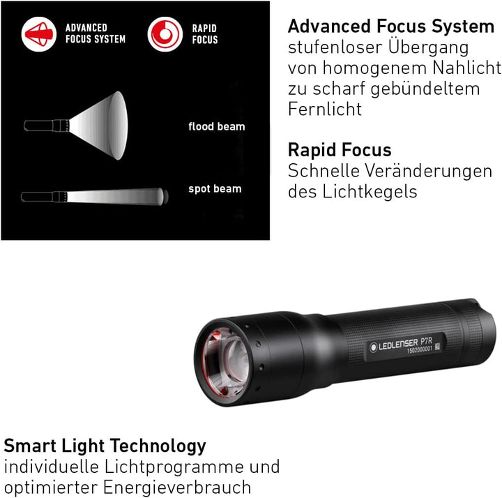 Ledlenser P7R LED Taschenlampe, fokussierbar, wiederaufladbar, mit Akku, 1000 Lumen, 210 Meter Leuch