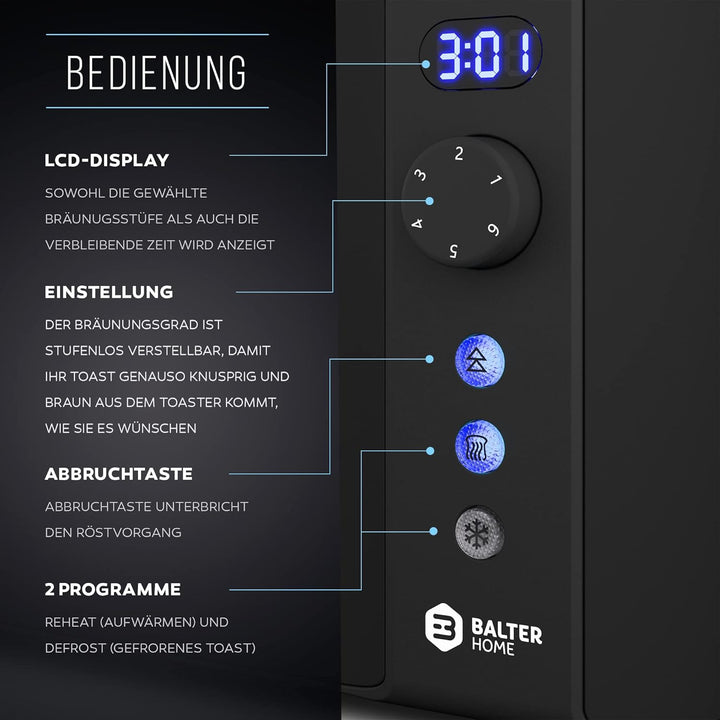 Balter Toaster 4 Scheiben, Langschlitz, Edelstahl, Brötchenaufsatz, LCD Display mit Restzeitanzeige,