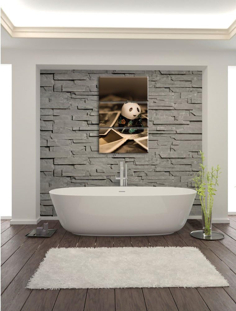 Pixxprint Panda Figur zwischen Fotografien als Leinwandbild/Grösse: 3 Teilig (120x80) cm/Wandbild/Ku
