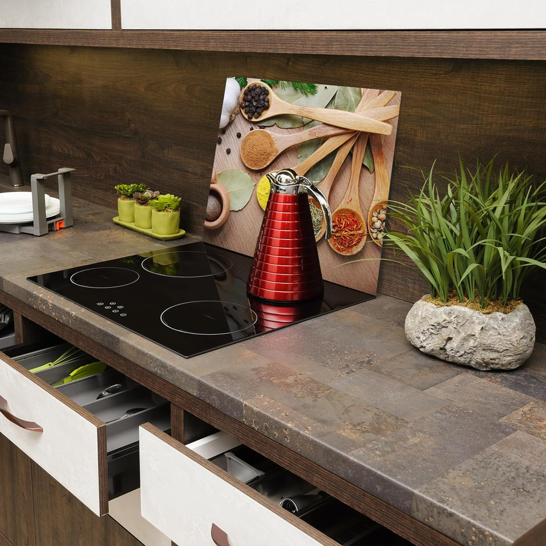 SmartDecoration Herdabdeckplatte Ceranfeldabdeckung aus Glas 60x52 cm Einteilig Motiv "Gewürze" Holz