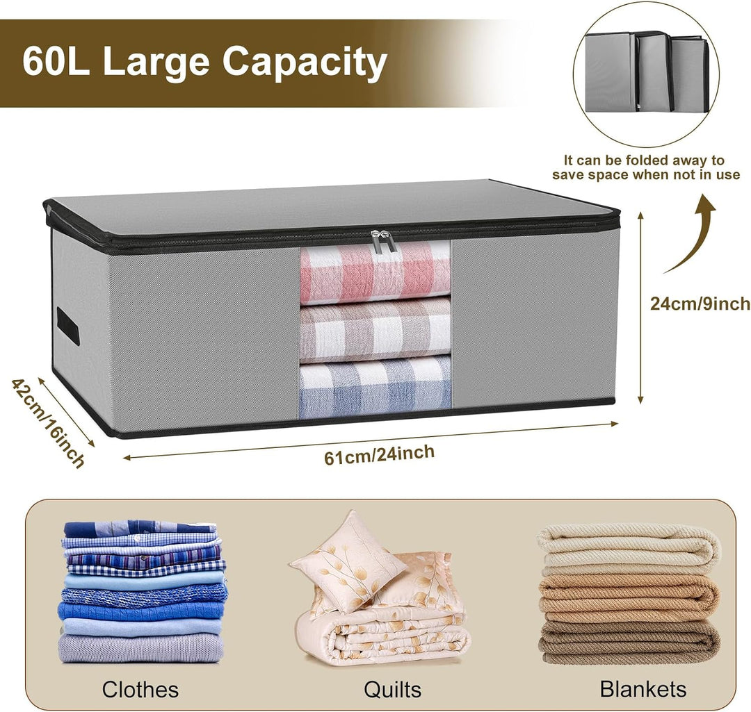 Cozary 3 Stück 60L Unterbett Aufbewahrungsbox, Faltbare Aufbewahrungstasche mit Deckel und Klaren Fe