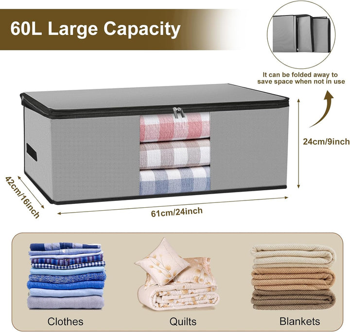 Cozary 3 Stück 60L Unterbett Aufbewahrungsbox, Faltbare Aufbewahrungstasche mit Deckel und Klaren Fe