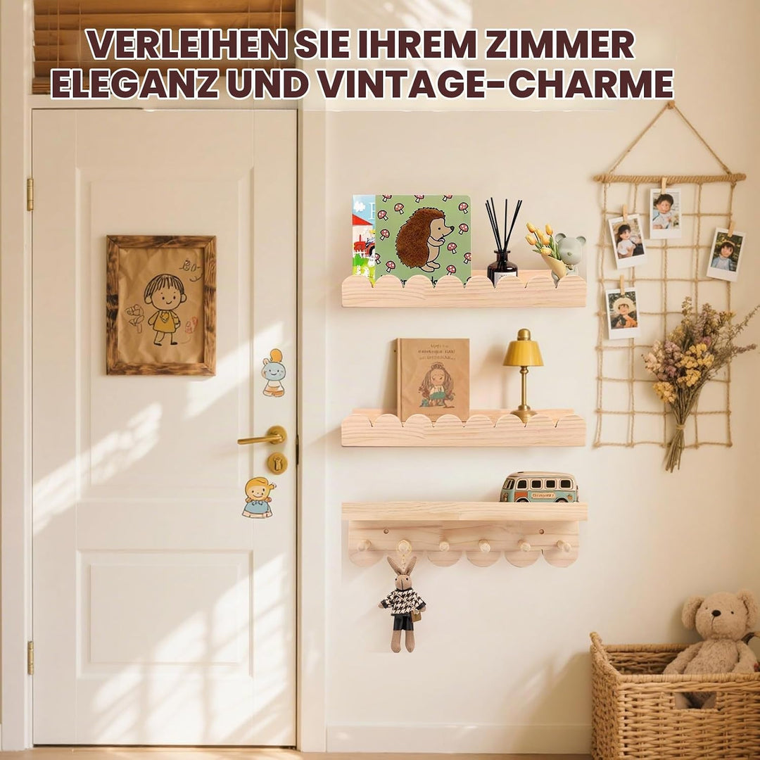 3er Set Bücherregal Kinder Wand, Wandregal Kinderzimmer 40cm, Holz Wandregal Bücher Schweberegale mi