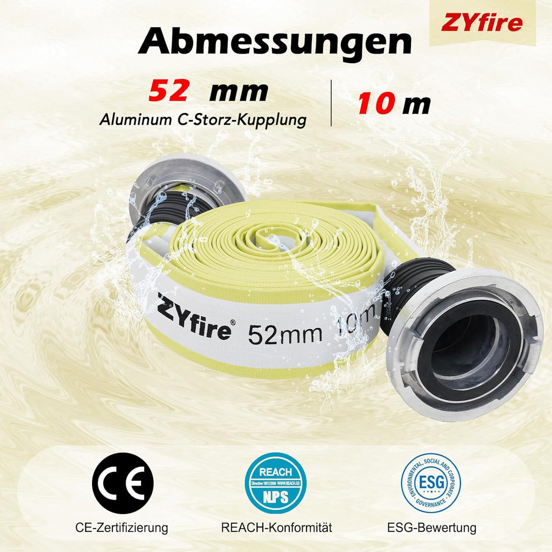 ZYfire Feuerwehrschlauch 52mm x 10m | 2 Zoll Feuerschlauch mit C-Storz Kupplung | flexibler Wassersc