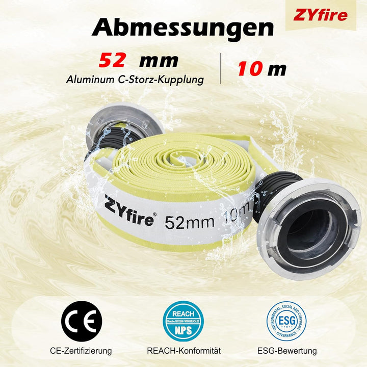 ZYfire Feuerwehrschlauch 52mm x 10m | 2 Zoll Feuerschlauch mit C-Storz Kupplung | flexibler Wassersc