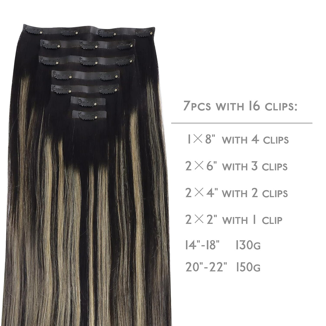 WENNALIFE Nahtlose Clip In Extensions Echthaar, 35cm 9pcs 130g Balayage Natürliches Schwarz bis Hell