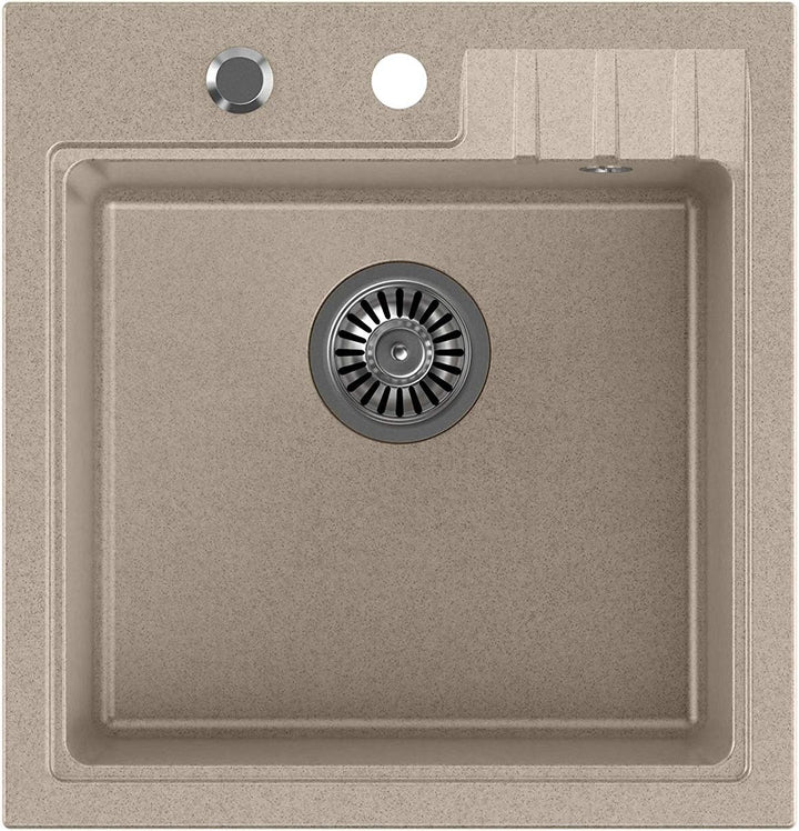 VBChome Spüle mit Armatur 52 x 50 cm Beige Tiefes Becken Küche Einbauspüle Verbundspüle Küchenspüle