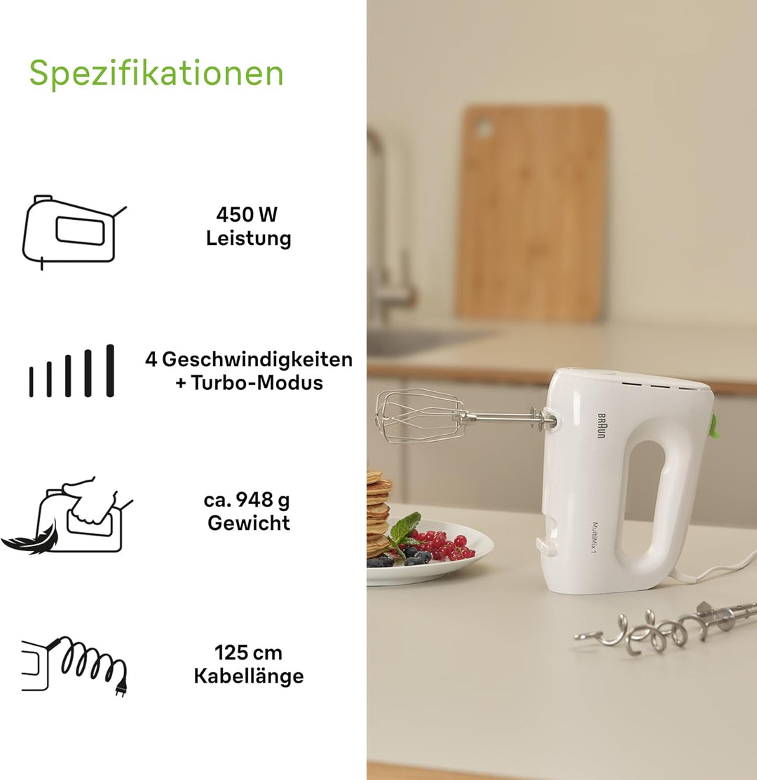 Braun Household MultiMix 1 HM 1110 WH Handmixer - Handrührgerät mit 4 Geschwindigkeitsstufen plus Tu
