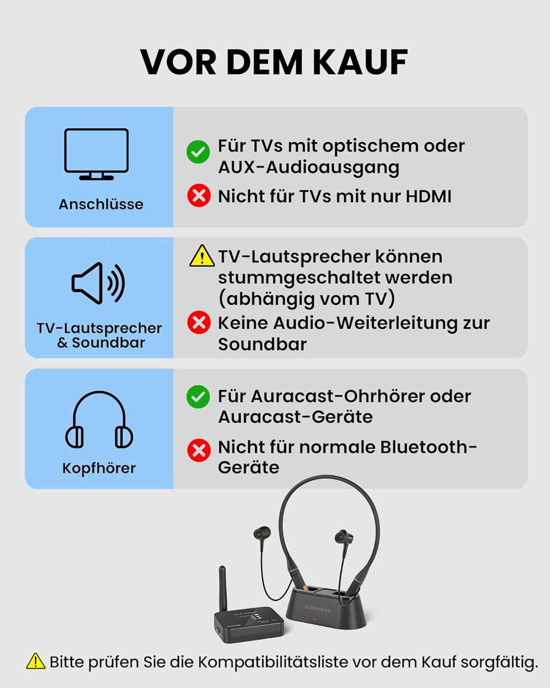 Avantree Aura Loop – Next-Gen Funkkopfhörer Kabellos für TV Fernseher mit Auracast & Ladestation, 3