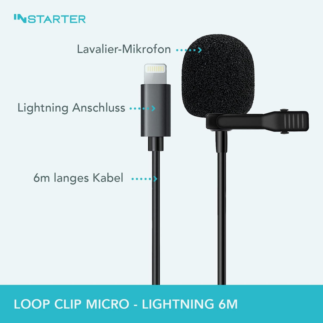 Instarter Lavalier-Ansteckmikrofon (6m Kabel) mit Windschutz & Tasche I kompatibel mit Apple-Geräten
