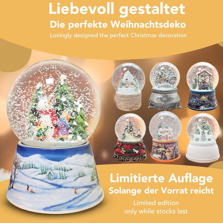 Schneekugel Weihnachten Spieluhr | 2 Kinder Bauen Schneemann | Sockel Winterlandschaft hellblau | mi