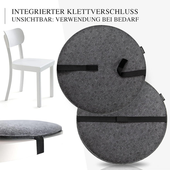 Ampara - 4er Set - Edle Stuhlkissen rund 40cm - rutschfest & gemütlich, Sitzkissen rund aus Filz, gr