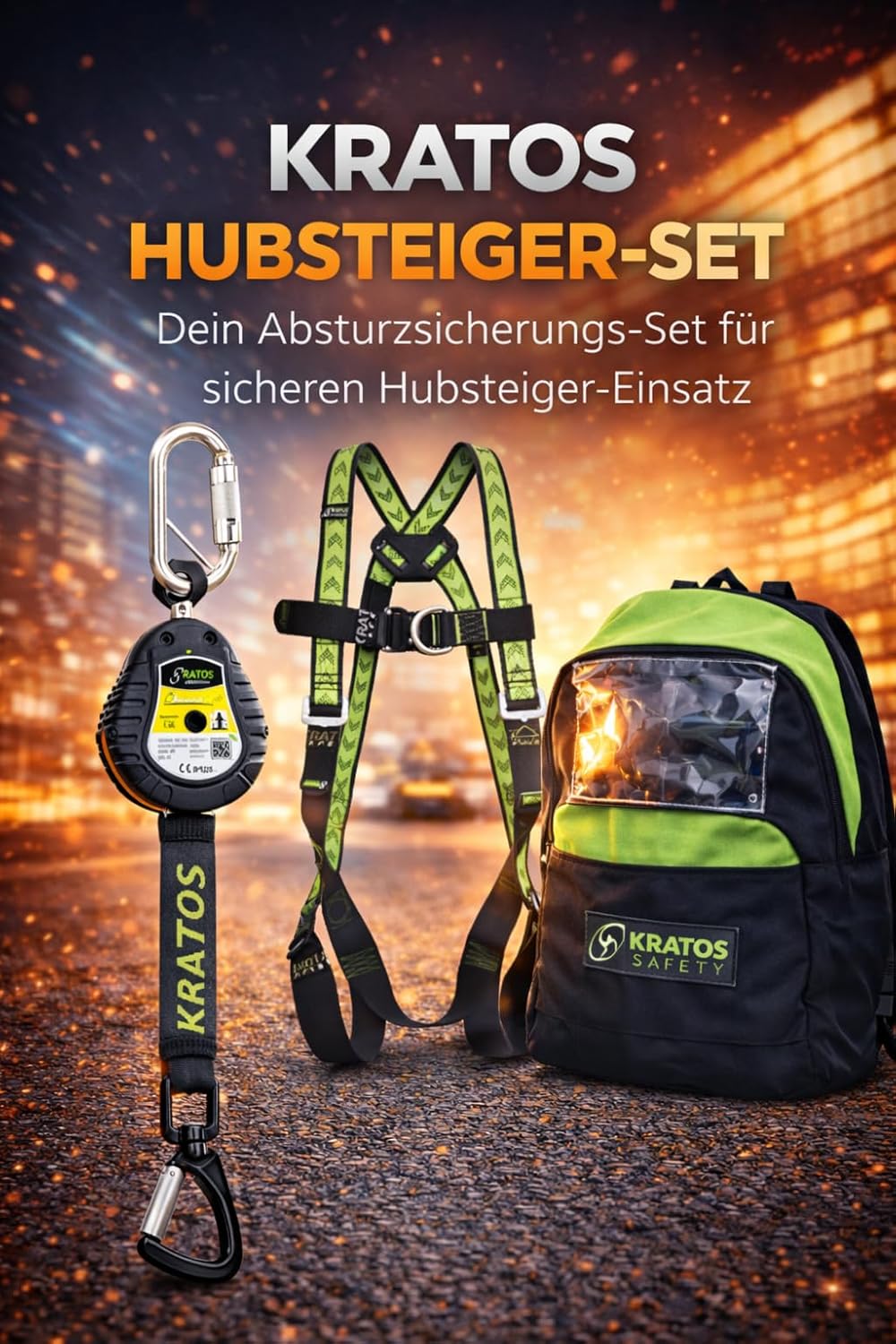 Kratos Safety Hubsteiger Sicherheitsset, Fallschutz-Set mit Gurt EN361, Höhensicherungsgerät, Rucksa