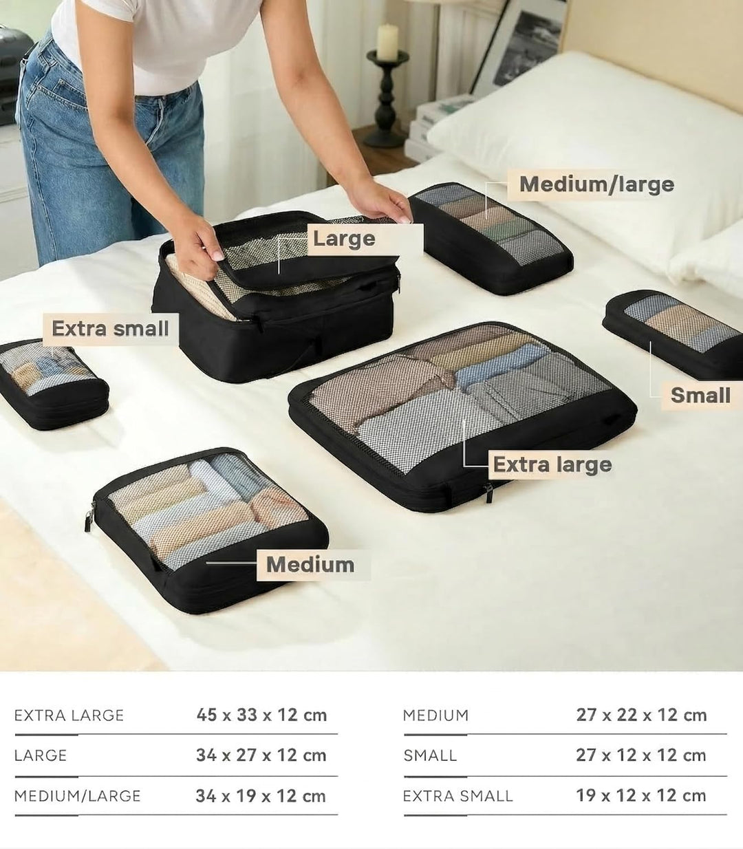MURISE 6er Set Compression Packing Cubes, Koffer Organizer Packtaschen Schwarz, Schwarz