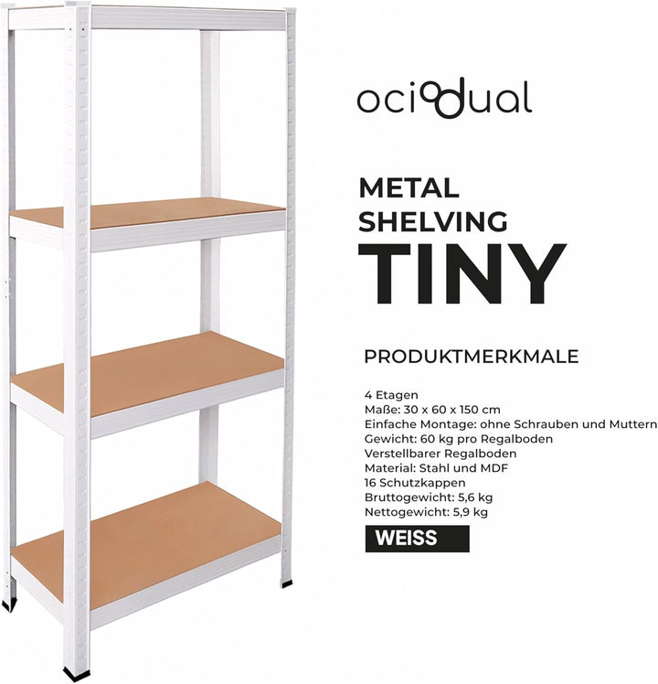 OcioDual Schwerlastregal Weiss Tiny, Haushaltsregal, Kellerregal, Standregal, Metallregal, 150x60x30