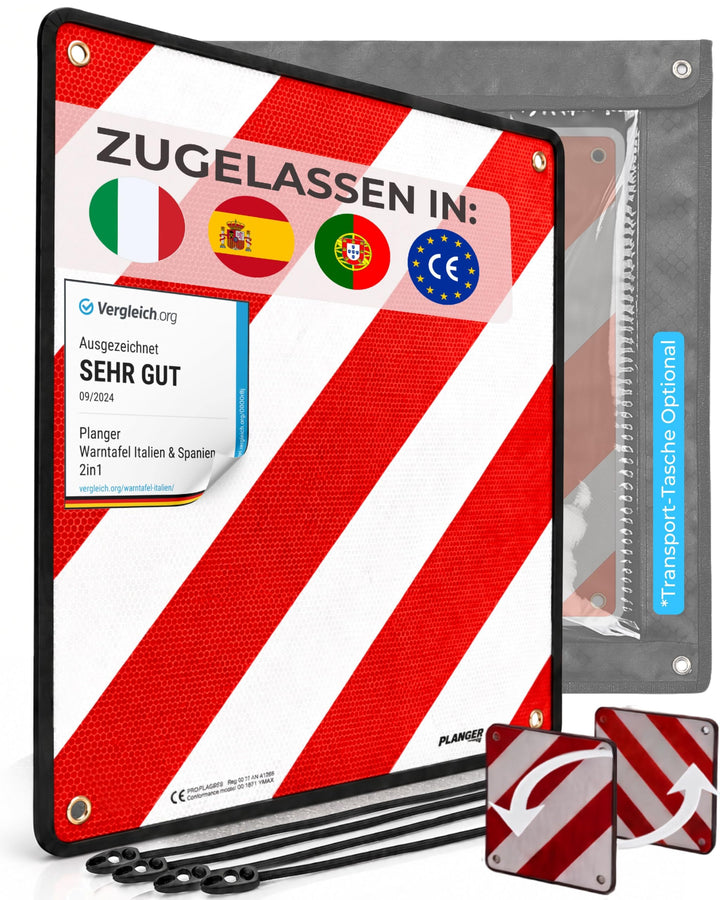 PLANGER® - Warntafel Italien und Spanien (Schild + Gepäckspanner) 2in1 (50 x 50 cm) - Reflektierende