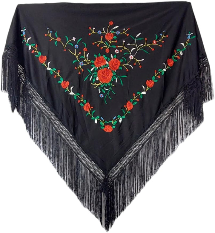 Dreieckiger bestickter Schal mit Fransen, 150/100/20 Schwarz, Schwarz