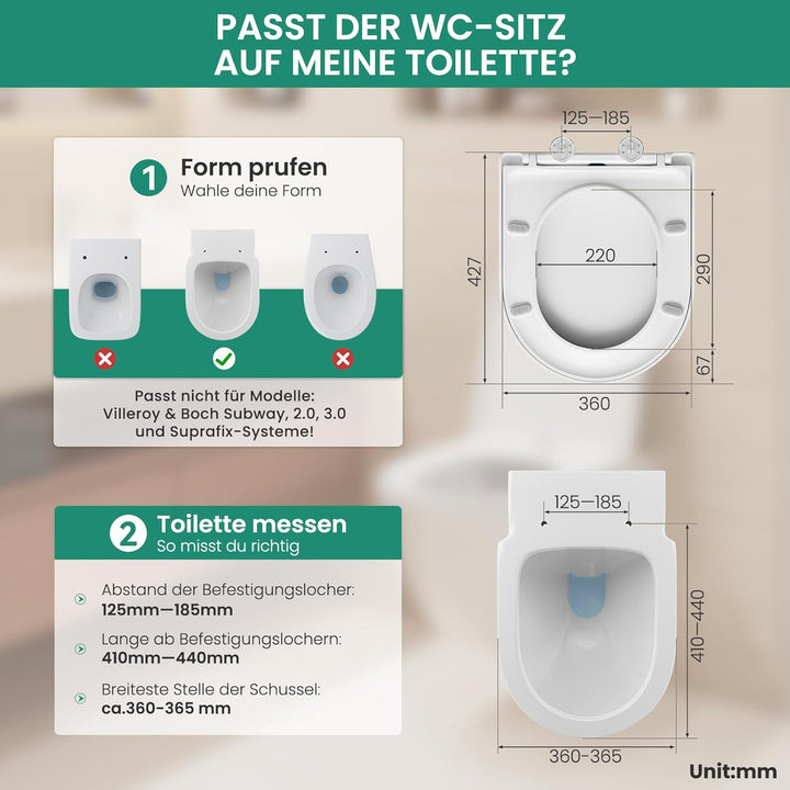 ANYCEE Toilettendeckel mit Absenkautomatik 42.5x36 CM, WC Sitz Kurzform D aus Duroplast, Klodeckel m