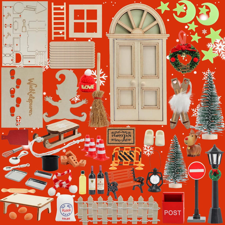 Roselee Wichteltür Set, 28PCS Wichteltür Zubehör Weihnachten Set, Nissedor Miniatur Leuchtend Weihna