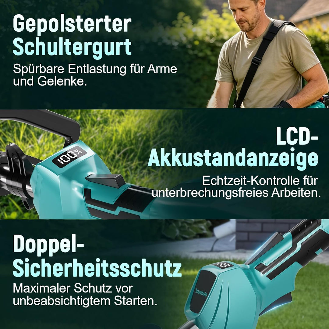 Akku Rasentrimmer mit 2 x 4.0Ah Batterien, 4-in-1 Elektrischer Akku Motorsense &amp; Rasentrimmer Rasen,