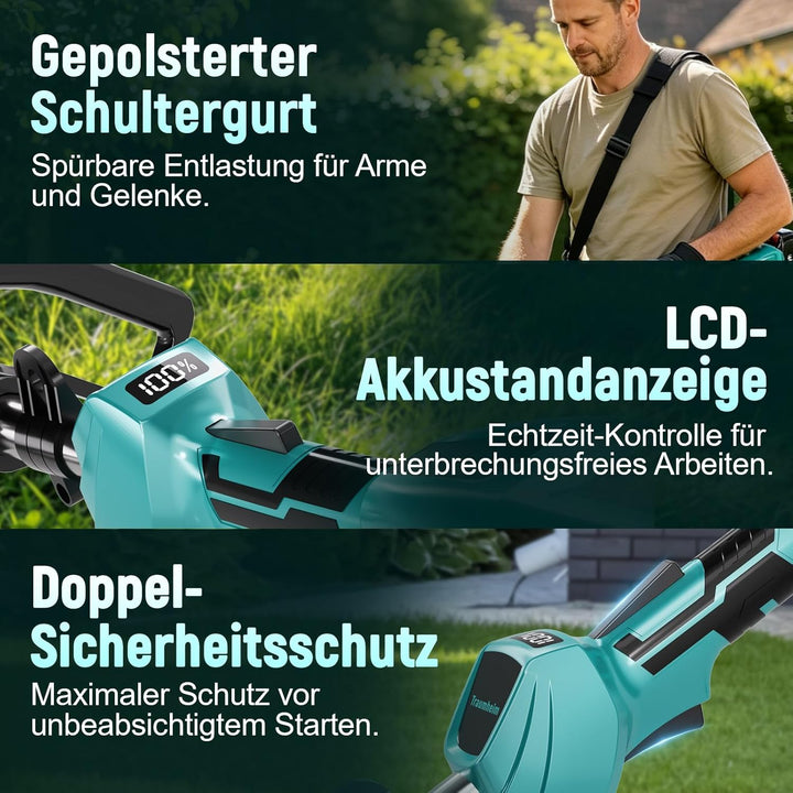 Akku Rasentrimmer mit 2 x 4.0Ah Batterien, 4-in-1 Elektrischer Akku Motorsense &amp; Rasentrimmer Rasen,