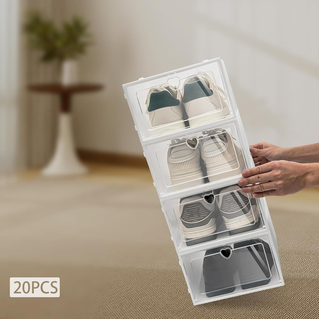 20 stapelbare transparente Schuhkartons, Schuhaufbewahrungsboxen, Kunststoff-Schuhregale, faltbar un