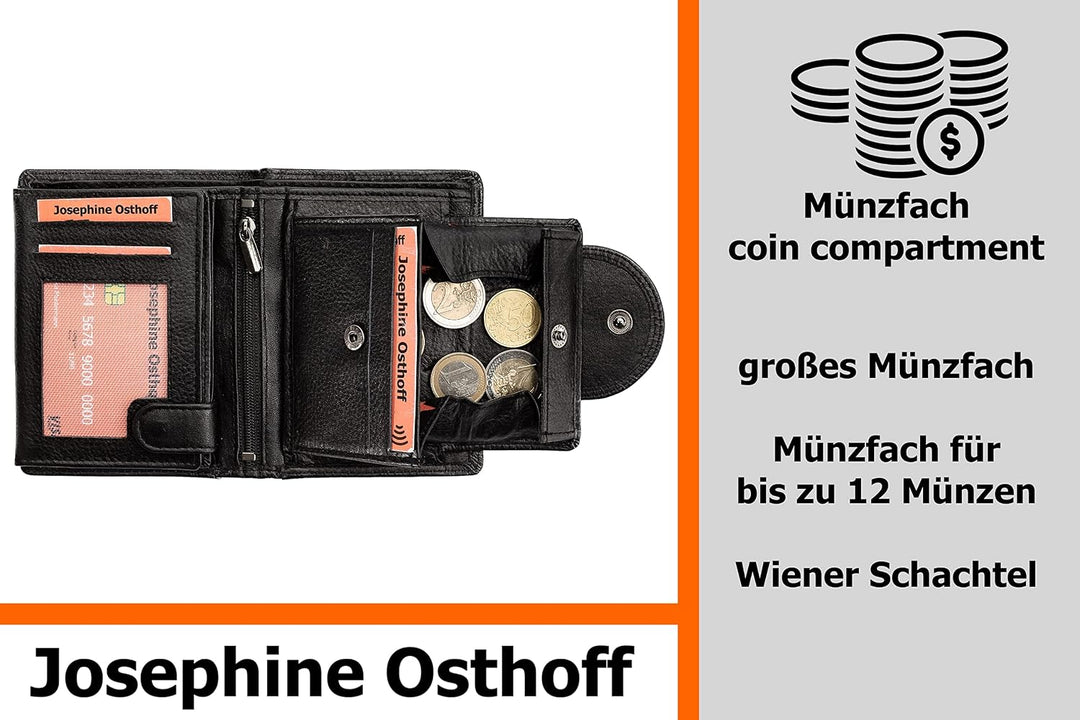 Josephine Osthoff Geldbörse Damen Wiener Schachtel, Platz für 11 Karten, Minibrieftasche mit Münzfac