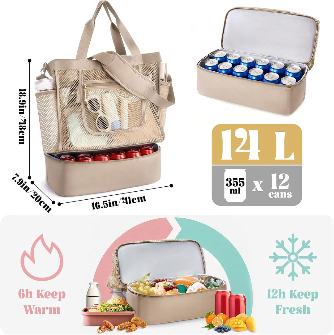 Strandtasche mit Kühlfach - Grosse Mesh Beach Bag wasserdicht mit Reissverschluss &amp; Fächern, Abnehmb